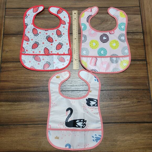 Set of 3 Infant Girl Super Bibs: Strawberries, Donuts & Swans - Picture 6 of 6